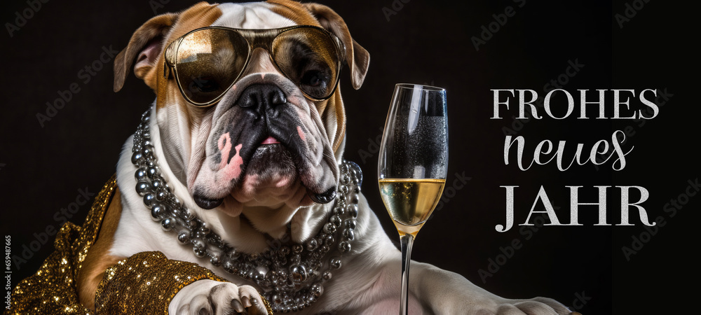 Frohes neues Jahr Grußkarte mit deutschem Text – Bulldogge Hund mit Champagnerglas während einer Feier, isoliert auf schwarzem Hintergrund - obrazy, fototapety, plakaty 