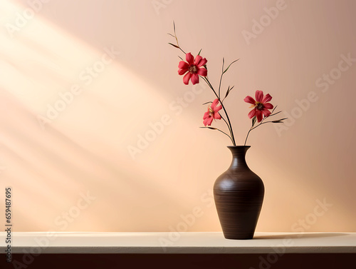 Interior neutral colored wall with single red flowers in a vase with copy space