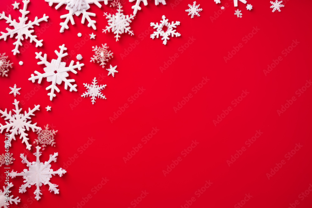 Top View of Snowflakes on Bright Red Background in Flat Lay Composition with Copy Space. Top View of Snowflakes on Bright Red Background in Flat Lay Composition with Copy Space.