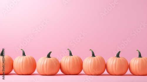 a row of pumpkins sitting in front of a pink background.  generative ai