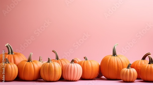 a row of pumpkins sitting on top of a pink surface.  generative ai