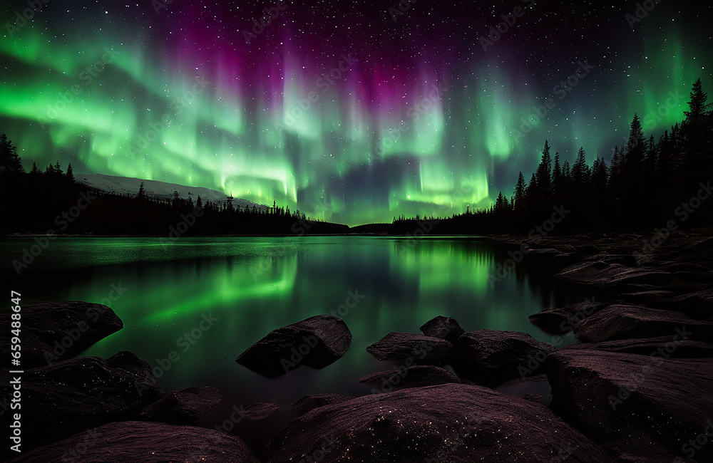 Majestic Sky with Aurora and Stars. Green Northern Lights Wallpaper with copy-space