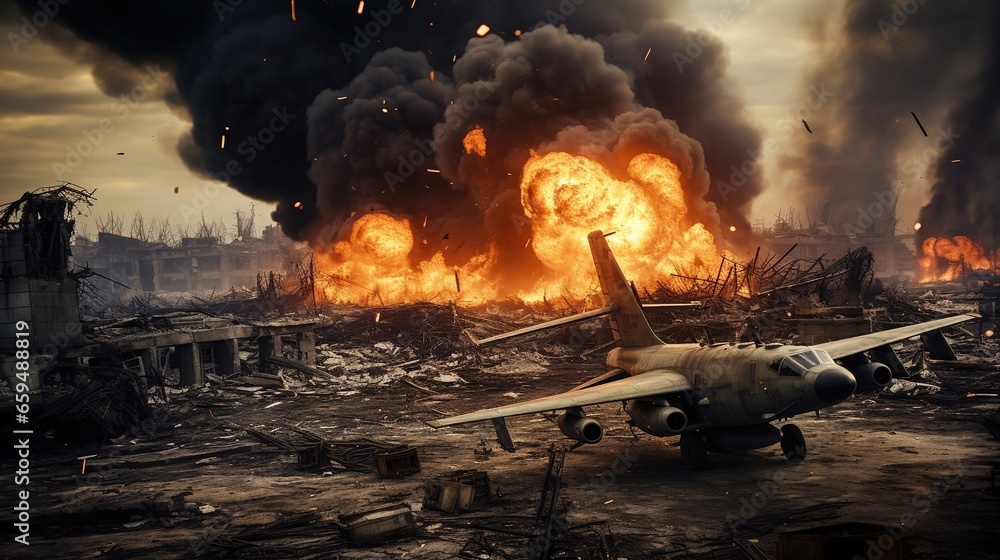 War and Battle: Battle damaged planes, explosions, fires, deserted city backgrounds caused by war War and Battle: Battle damaged planes, explosions, fires, deserted city backgrounds caused by war