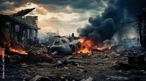 Battle  Battle damaged planes  explosions  fires  deserted city backgrounds