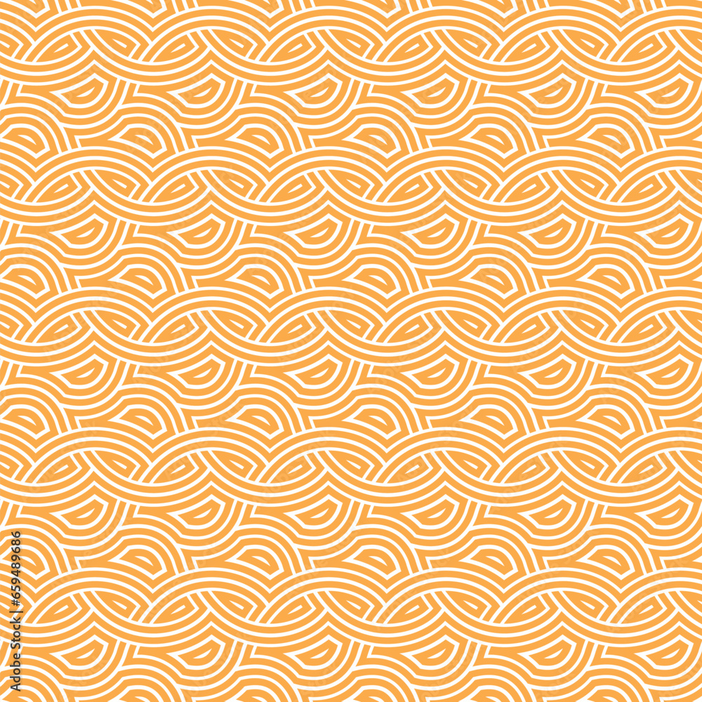 Seamless vector pattern with intertwined wavy yellow lines on a white background. Interlocking geometric elements. Retro ethnic design mesh. Striped texture for textile, wrapping, and packaging.