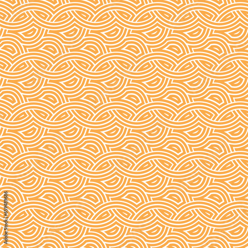 Seamless vector pattern with intertwined wavy yellow lines on a white background. Interlocking geometric elements. Retro ethnic design mesh. Striped texture for textile, wrapping, and packaging.