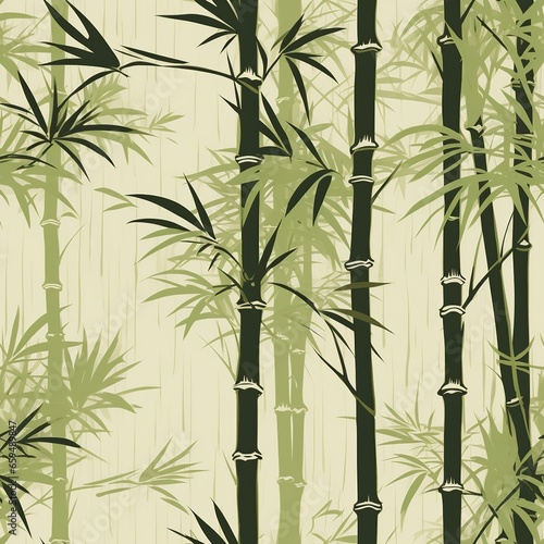 Exuding elegance and serenity  the pattern seamlessly entwines slender bamboo shoots  subtly adorned with delicate leaf clusters  against a peaceful  rice-paper-like backdrop. 