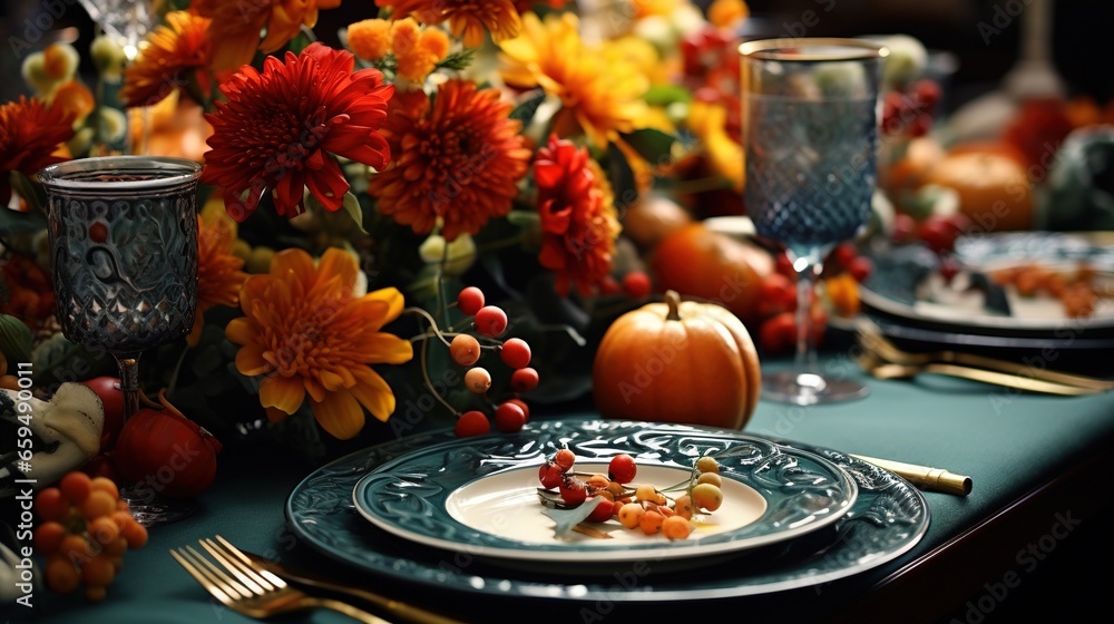 a table set for a thanksgiving dinner with flowers and pumpkins. generative ai a table set for a thanksgiving dinner with flowers and pumpkins. generative ai