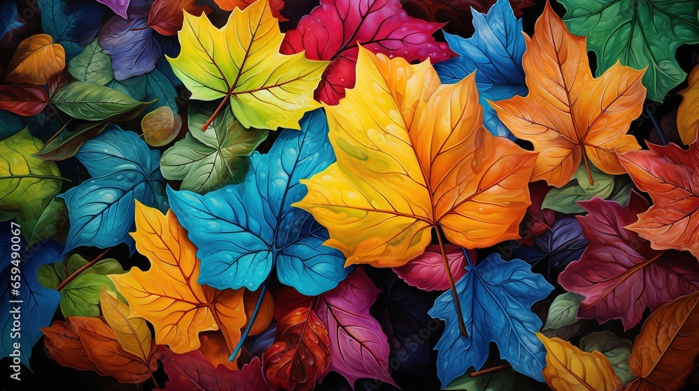  a painting of colorful autumn leaves on a black background,.  generative ai