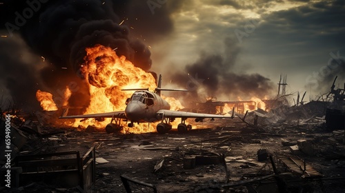 Battle  Battle damaged planes  explosions  fires  deserted city backgrounds 