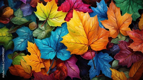  a painting of colorful autumn leaves on a black background,. generative ai