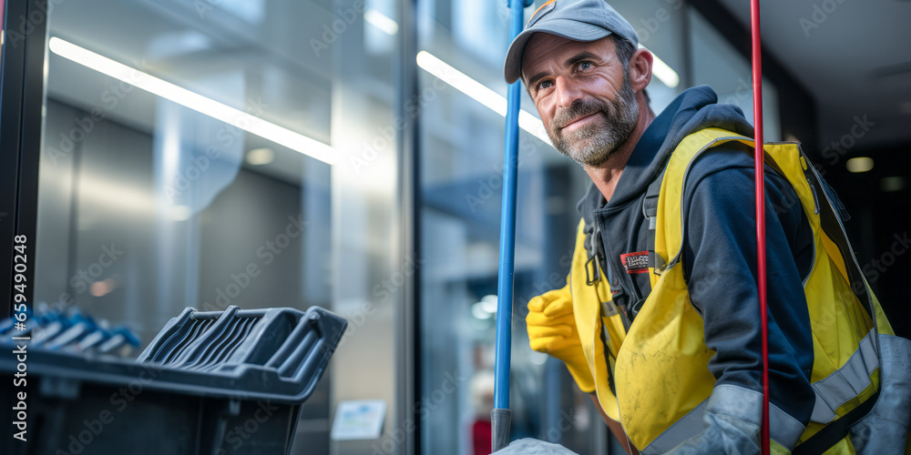 Behind the Sparkle: Portrait of a Building Cleaning Worker. Behind the Sparkle: Portrait of a Building Cleaning Worker.
