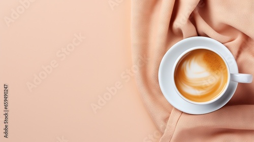  a cup of coffee on a saucer on a pink background. generative ai