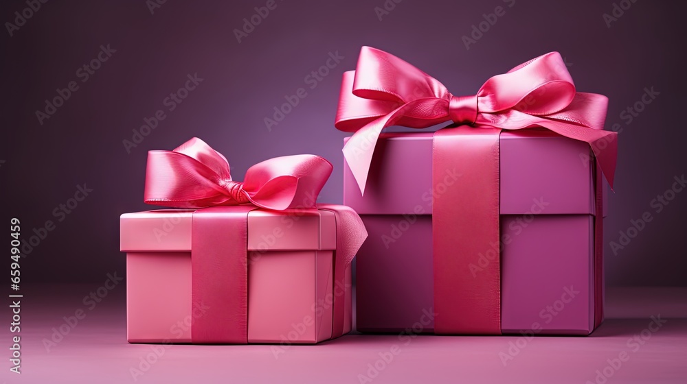  two pink gift boxes with a pink bow on top of them.  generative ai