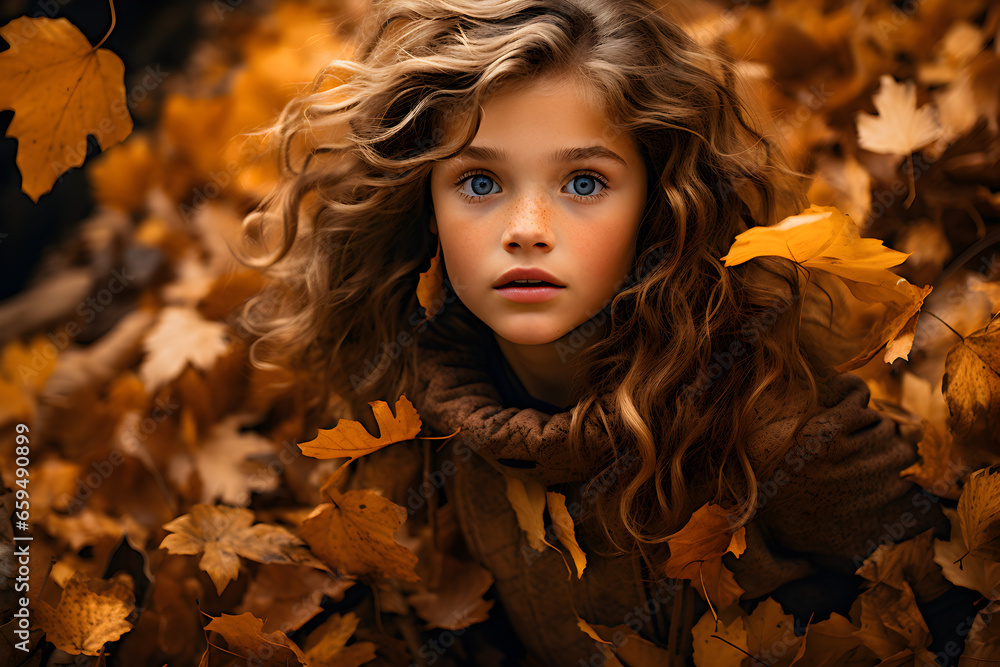 Little girl in Autumn leaves, created by generative AI technology