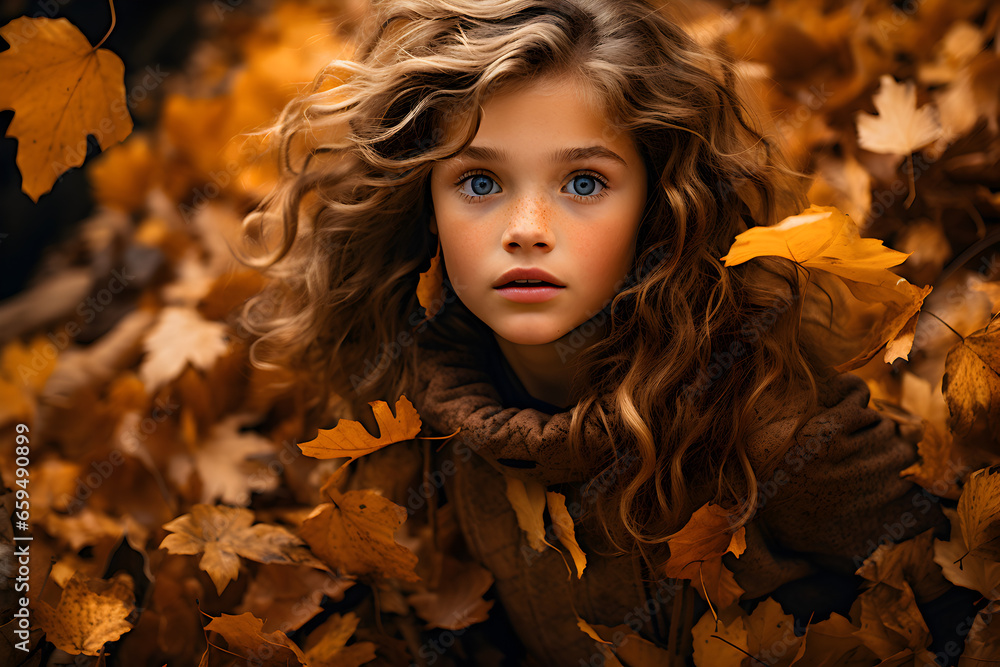 Little girl in Autumn leaves, created by generative AI technology Little girl in Autumn leaves, created by generative AI technology
