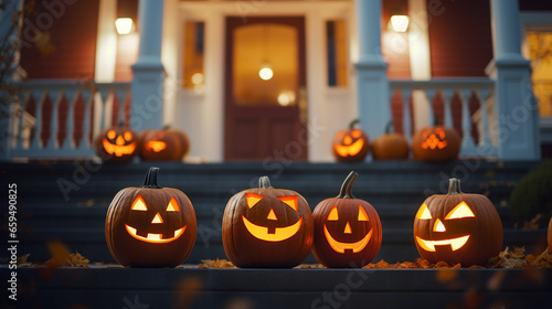 Halloween Jack O Lanterns on house front step (ID: 659490825)
