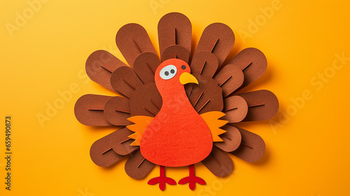 playful childlike felt turkey on orange background (ID: 659490873)