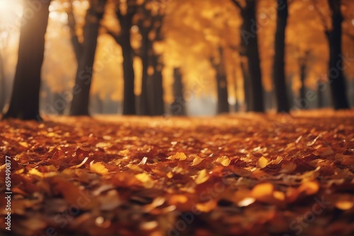 Autumn seasonal background with long horizontal border made of falling autumn golden red and orange