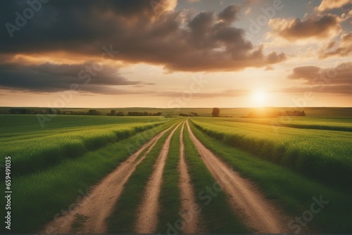 Beautiful summer rural landscape Panorama of summer green field with Empty road and Sunset cloudy