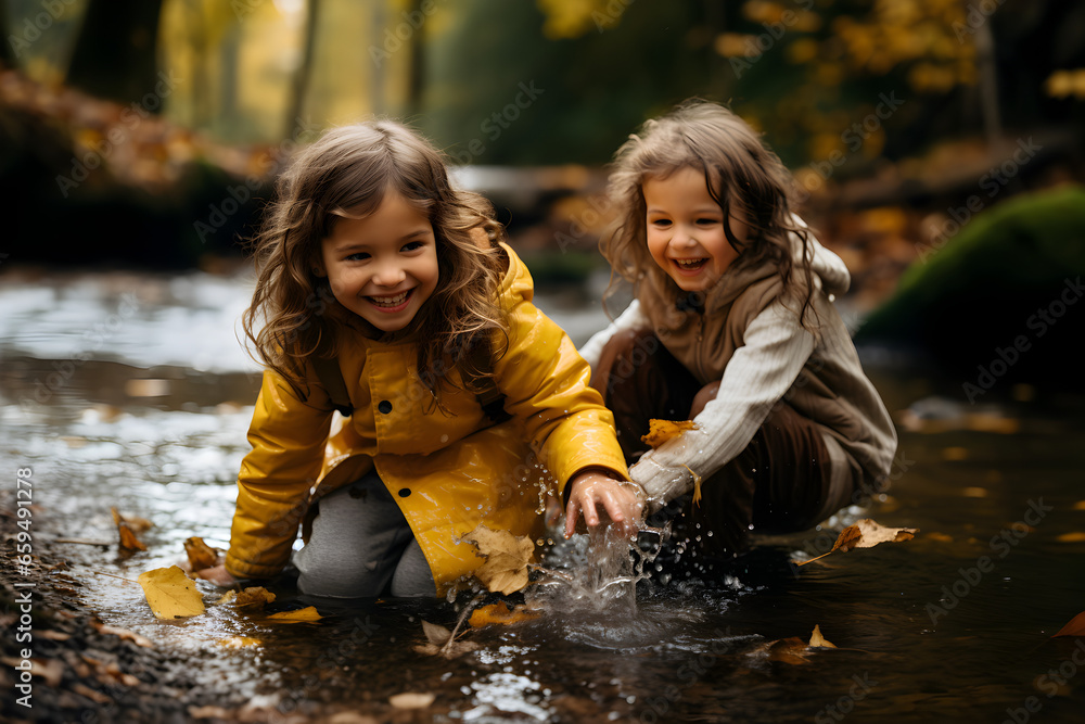 Two smiling little girls playing with water in the forest, created by ...