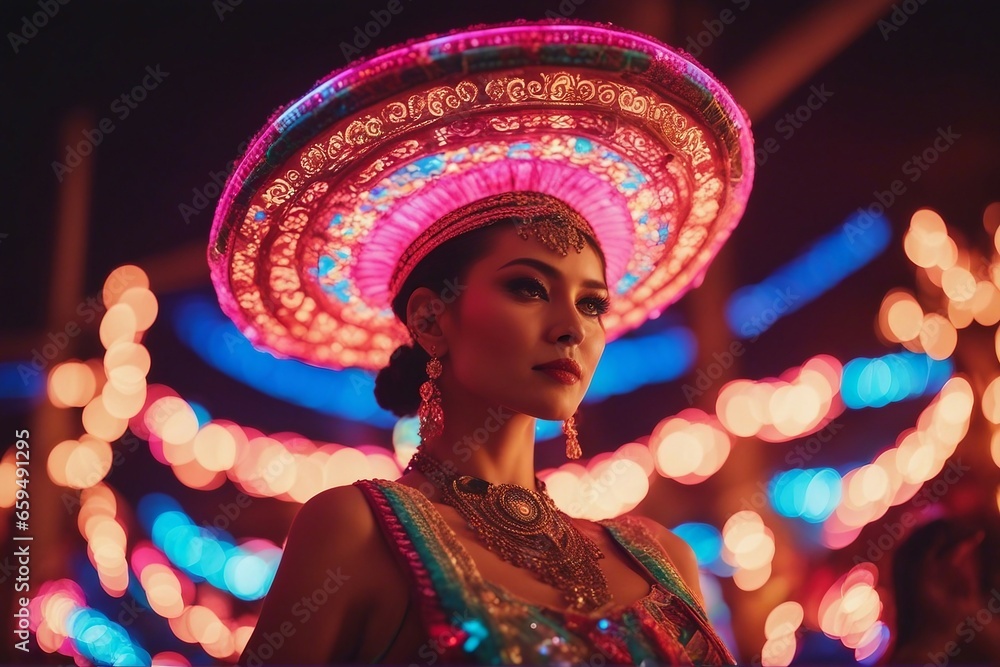 Fabulous Cinco de Mayo female dancer in neon light Beautiful female model in traditional costume