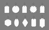 Blank tags label set for sale, discount offers. White paper badge of price. Gift sticker with hanging string. Shopping promotion signs. vector illustration
