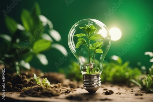 Eco friendly lightbulb with plants green background Renewable and sustainable energy