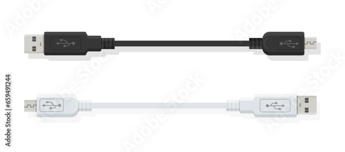 USB micro cable icon. Black and white phone microusb. Computer connector, mobile charger for battery. Vector illustration