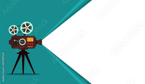 Retro movie projector for cinema's background. Cinematography poster for festival design. Vintage camera with film reel and spotlighted place. vector illustration