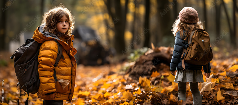 Little girl walking in autumn forest, created by generative AI technology Little girl walking in autumn forest, created by generative AI technology