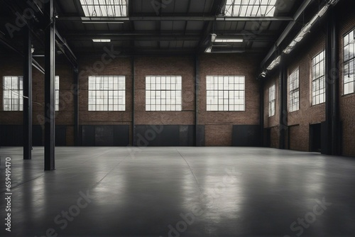 Industrial loft style empty old warehouse interior brick wall concrete floor and black steel roof © ArtisticLens