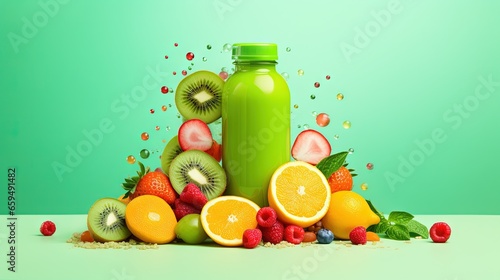  a bottle of juice surrounded by fruits and berries on a green background. generative ai