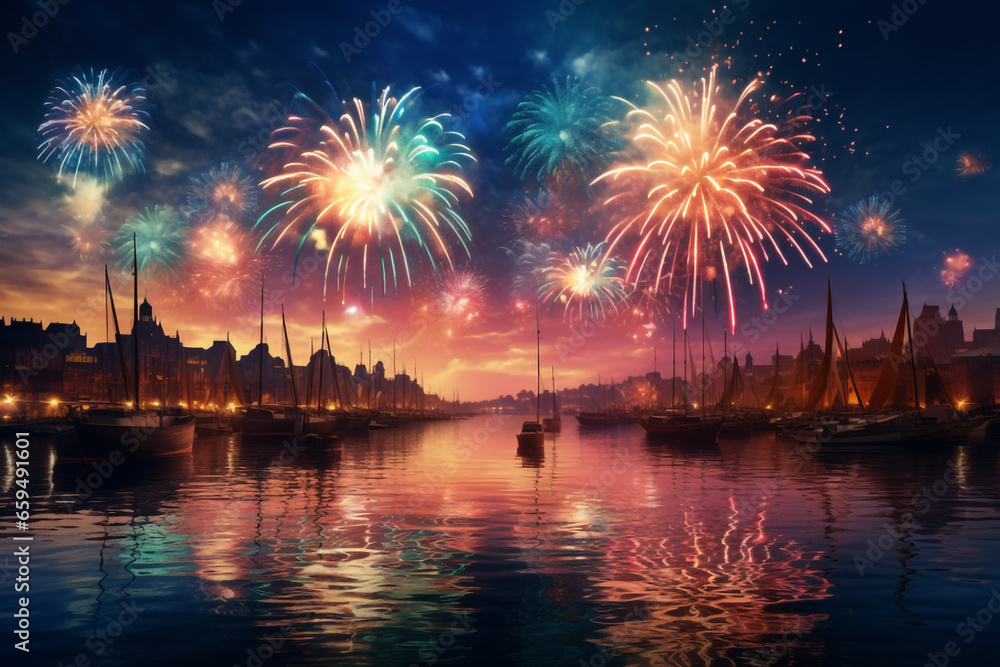 Fototapeta premium fireworks on the river