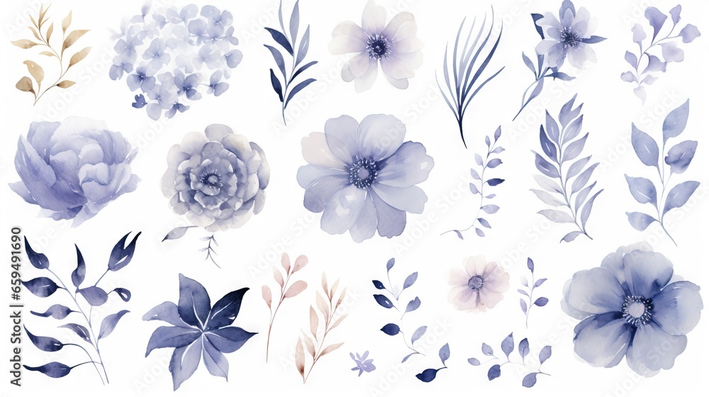  a bunch of flowers that are on a white background with blue leaves.  generative ai