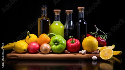  a table topped with bottles of olives, peppers, lemons and peppers. generative ai