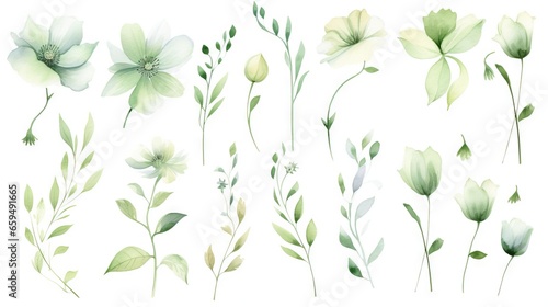  a set of watercolor flowers and leaves on a white background. generative ai