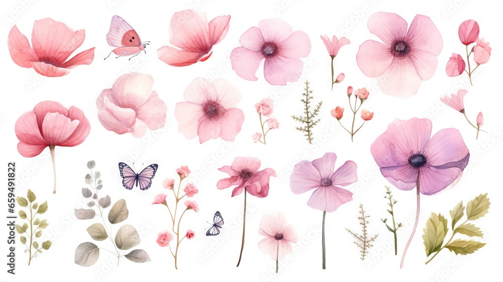  a bunch of pink flowers and butterflies on a white background.  generative ai
