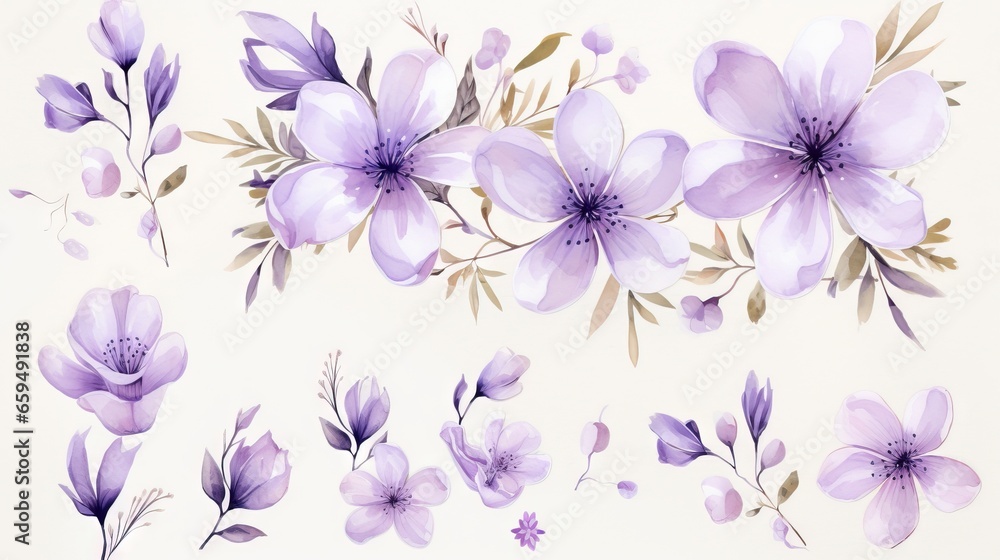  a bunch of flowers that are on a white background with purple flowers.  generative ai