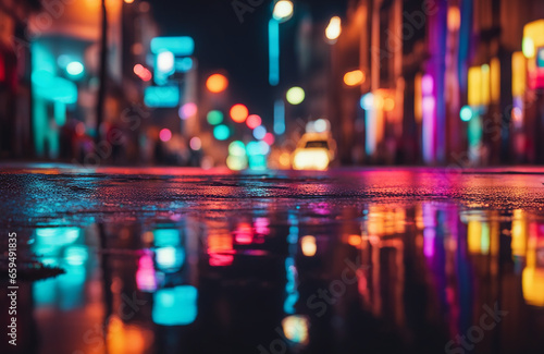Multi-colored neon lights on a dark city street, reflection of neon light in puddles and water. Abstract night background, blurred bokeh light. Night view colorful photo
