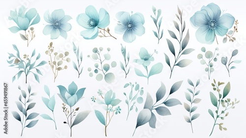 a bunch of blue flowers and leaves on a white background. generative ai