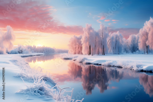 Frozen river or lake. Winter morning sunrise background. Beautiful winter panorama with fresh powder white snow. Nature landscape with spruce trees, blue sky and pink clouds