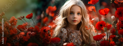 Young beautiful girl in flowers, summer outdoor, created by generative AI technology