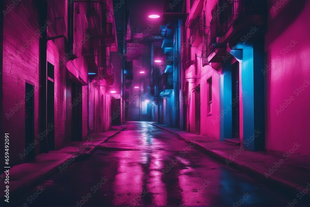 Pink and blue neon lights on a city alley neo-noir pink and blue style city street cyberpunk style 