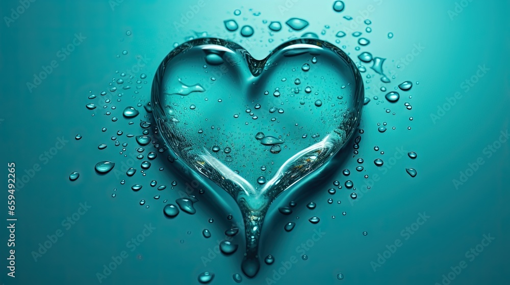  a heart made of water droplets on a blue background with a drop of water.  generative ai