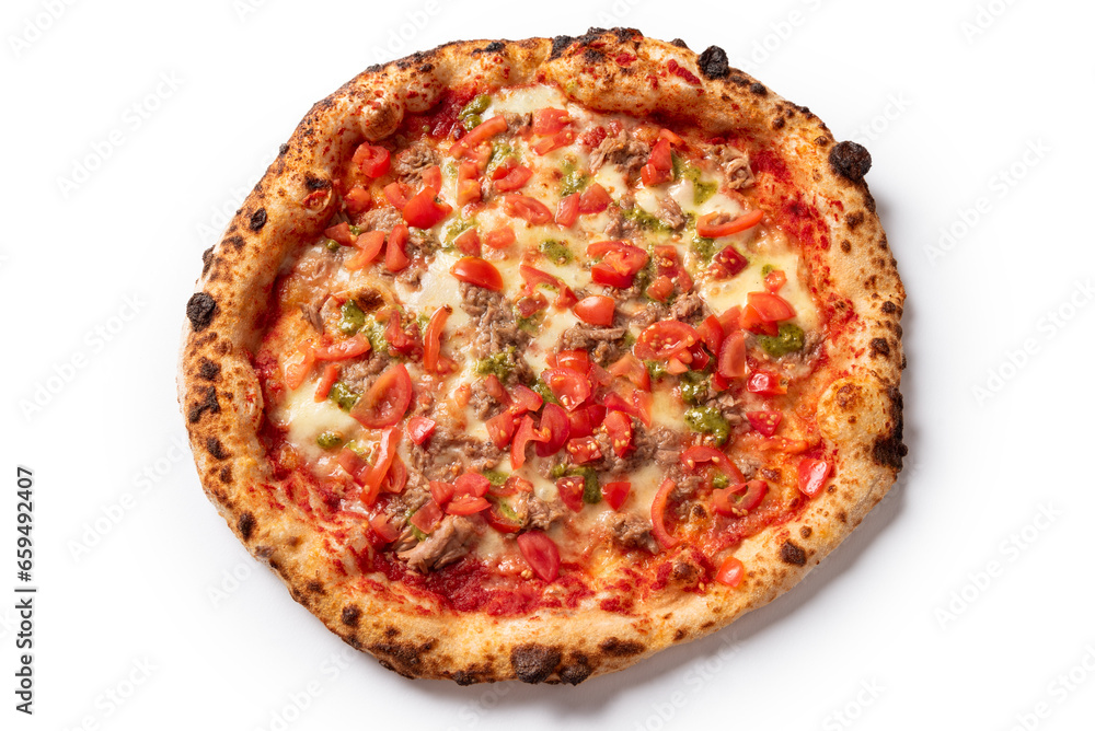Deliziosa pizza italiana condita con salsiccia di maiale, pomodoro e mozzarella, cibo europeo 