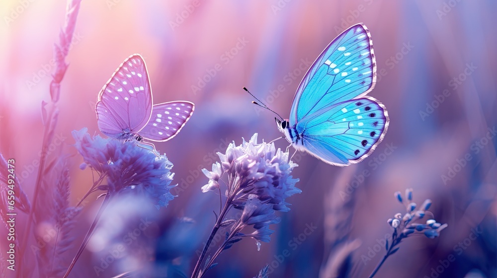  two blue butterflies flying over a purple flower in a field.  generative ai