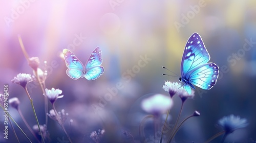  two blue butterflies flying over a field of white daisies.  generative ai © Shanti