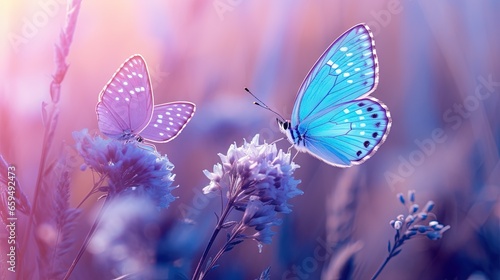  two blue butterflies flying over a purple flower in a field. generative ai