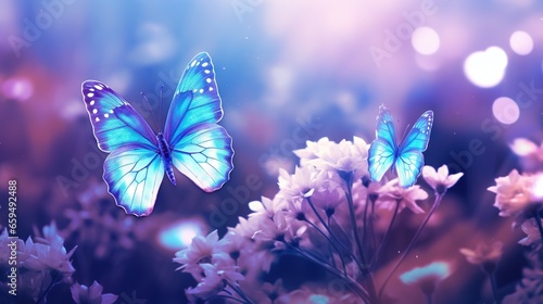  two blue butterflies flying over a field of white and pink flowers. generative ai